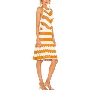 BCBG Sweater Halter Dress in Ivory & Caramel Spice Crochet Knit Stripe Lined